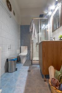 Un baño con ducha, inodoro y lavabo. en Meteοra Sunshine Studio, en Kalambaka