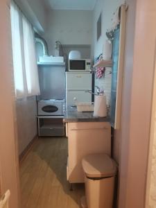 a small kitchen with a stove and a sink at Stadion apartman in Belgrade