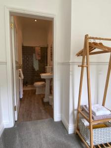a bathroom with a toilet and a ladder in it at The Cafe Apartment in Great Malvern +4 photos