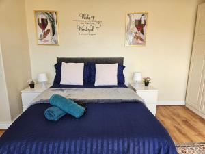 1 dormitorio con 1 cama azul y 2 almohadas en Homely double bed, TV, Wi-Fi and garden, en Leeds