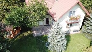 an aerial view of a house with a tree in the yard at Komfortables Ferienhaus in Meszna Opacka mit Privatem Pool in Meszna Opacka