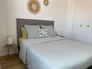 a bedroom with a bed and a mirror on the wall at Appartement Saint-Nicolas in La Rochelle