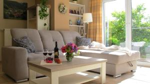 uma sala de estar com um sofá e uma mesa com copos de vinho em Ferienwohnung Fasse im Solling - Natur hautnah erleben em Uslar
