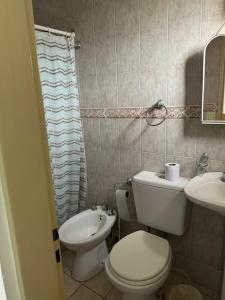 uma casa de banho com um WC e um lavatório em Hotel y Restaurant Don Quijote em Macachín