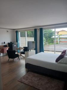 1 dormitorio con cama y ventana grande en Touraco, en Villars-les-Dombes