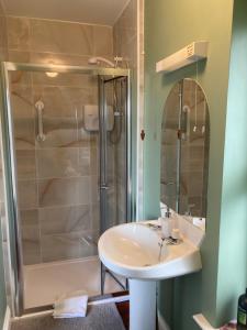 a bathroom with a sink and a shower at Fitzgerald's Farmhouse Accommodation V94 YY47 in Abbeyfeale