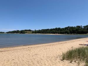 a sandy beach with water and trees in the background at Cozy Large Home in Harwich with Patio near Wequassett Resort in Harwich