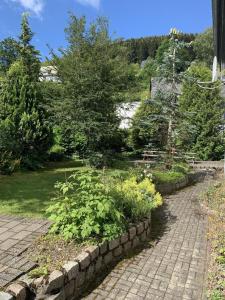 een tuin met een stenen muur en een aantal planten bij Landhaus am Bach in Winterberg-Silbach in Winterberg