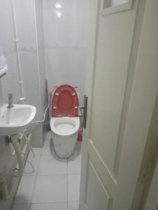 a bathroom with a red toilet and a sink at Bab ezzouar in Bab Ezzouar