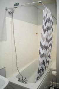 a bathroom with a bath tub with a shower curtain at Stylish 1 Bedroom Flat Newcastle in Old Walker