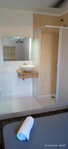 a bathroom with a sink and a shower with a sink at Habitaciones y Suite. UPV, UV y Playa in Valencia