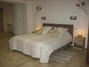 a bedroom with a large bed with two lamps on it at Les Genêts in Fayence