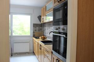 a kitchen with black appliances and a window at Apartman Black River in Plitvička Jezera