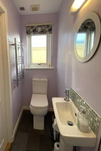 a bathroom with a toilet and a sink and a mirror at Little Haven in Gairloch