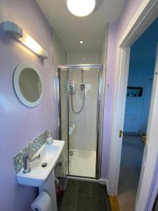 a bathroom with a shower and a white sink at Little Haven in Gairloch