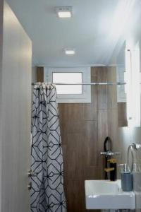 uma casa de banho com um lavatório e uma cortina de chuveiro em LoftLiving 2 by ΑΤΤΙΚΟ ΝΟΣΟΚΟΜΕΙΟ em Atenas