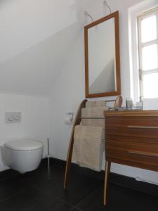 a bathroom with a sink and a toilet and a mirror at Bed and Breakfast The Old Chestnut Tree Silkeborg in Silkeborg