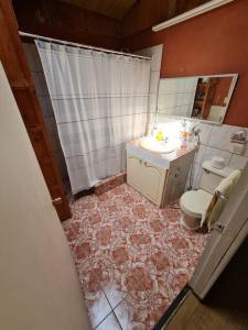 ein Badezimmer mit einem WC, einem Waschbecken und einem Spiegel in der Unterkunft Casa a orilla del lago in Pucón