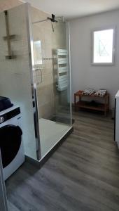 uma casa de banho com um chuveiro e uma porta de vidro em Chez Valéric em Lunel