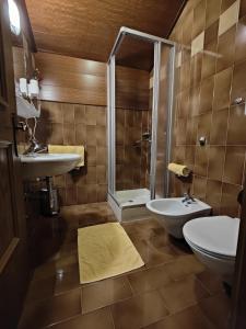 y baño con aseo, lavabo y ducha. en Hotel Alpenblick, en Sarentino