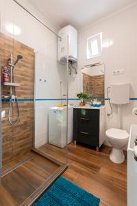 uma casa de banho com um chuveiro, um WC e um lavatório. em B12 Apartment Budapest em Budapeste