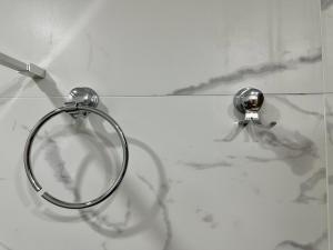 a glass counter top with a metal hoop on a wall at Hercules Studio in Vasiliki +6 photos