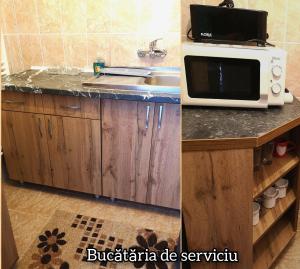 a kitchen with a microwave and a sink at Casa Hortensia in Tăşnad +15 photos