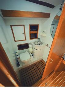 ein kleines Bad mit WC und Waschbecken in der Unterkunft Nuits exceptionnelles à quai à bord d'un Voilier au pied de l'Esterel in Saint-Raphaël