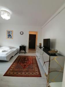 uma sala de estar com uma cama e um tapete em Good Times Apartment em Sarajevo