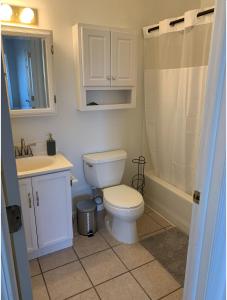 a bathroom with a toilet and a sink and a shower at Lovely 2- Bedroom Duplex in Pueblo West in Pueblo West