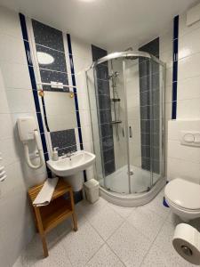 a bathroom with a shower and a sink and a toilet at Villa Park & Plaża in Świnoujście +58 photos