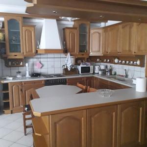 a kitchen with wooden cabinets and a counter top at JULIA'S APARTMENT in Igoumenitsa