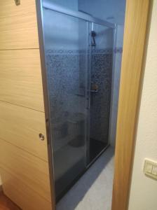 een douche met een glazen deur in de badkamer bij Alquiler 1 linea de playa suances in Suances