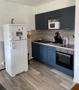cocina con armarios azules y nevera blanca en Appartement 50m2 vue imprenable avec garage draps et serviettes compris en Villard-de-Lans