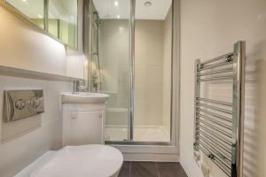 a bathroom with a shower and a toilet and a sink at Comfy 2 Bedrooms by Natural History Museum in London