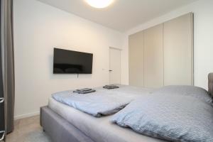 a bedroom with a bed with a flat screen tv on the wall at Apartmán Vita Design in Trenčín