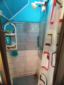 y baño con ducha y cortina de ducha. en MI CASITA VERDE, en Baños