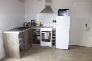 a kitchen with a white refrigerator and a sink at Logement des pivoines in Rouillé