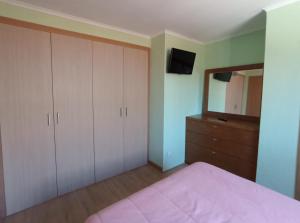 1 dormitorio con cama, tocador y espejo en Mini Apartamento de 30 mts en Chaves, en Chaves