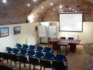 a meeting room with blue chairs and a screen at Appart Hotel Charles Sander in Salins-les-Bains