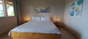 a bedroom with a large white bed with two lamps at Vista Villas in Ojochal