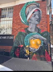 a mural of a woman holding an orange on a building at Studio bliss @maboneng in Johannesburg