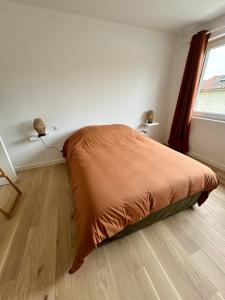 ein Schlafzimmer mit einem Bett mit einer orangefarbenen Bettdecke und einem Fenster in der Unterkunft Chambre privée avec salle de bain privée - La Brousse in Genay