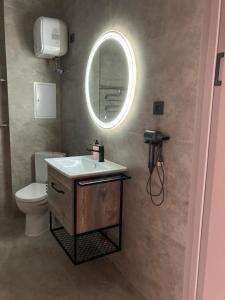 ein Badezimmer mit Waschbecken, Toilette und Spiegel in der Unterkunft Alpamys Premium центр города in Qostanai