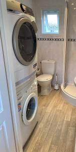 een badkamer met een wasmachine en een toilet bij Chalet Maiva - De Krabbenkreek in Sint Annaland