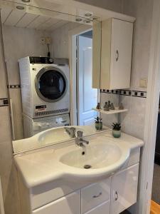 een witte badkamer met een wastafel en een magnetron bij Chalet Maiva - De Krabbenkreek in Sint Annaland