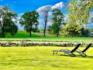 deux chaises assises dans l'herbe dans un champ dans l'établissement Agroturystyka Kraina Choszcza, à Choszczno