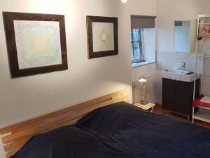 1 dormitorio con cama y lavamanos en Holiday apartment Kröte 5, 