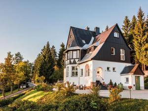 een groot wit huis met een zwart dak bij Holiday apartment Ahornspitze in Kurort Bärenburg