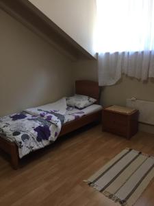 ein kleines Schlafzimmer mit einem Bett und einem Fenster in der Unterkunft Apartman Spasic in Ribarska Banja